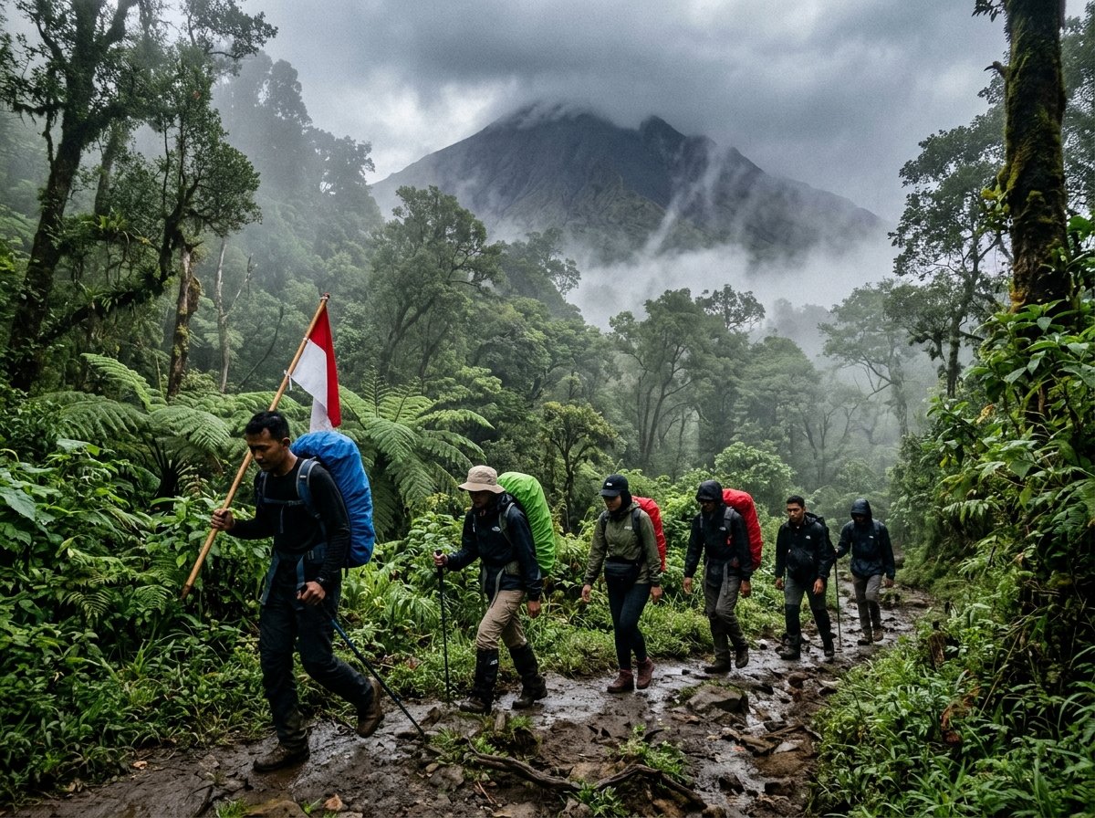 Kelompok pendaki di jalur hutan tropis