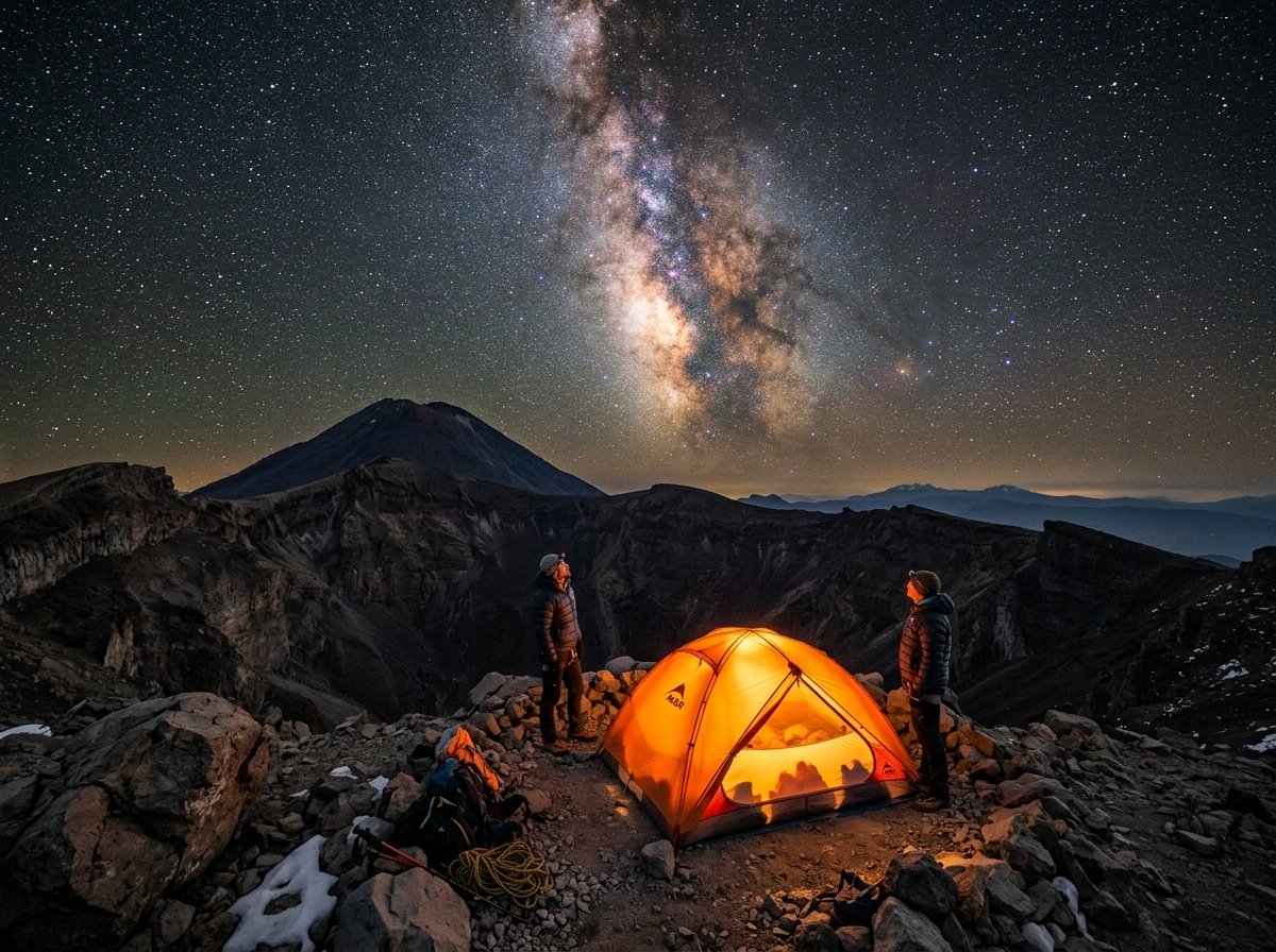 Kemah di bawah langit berbintang di gunung