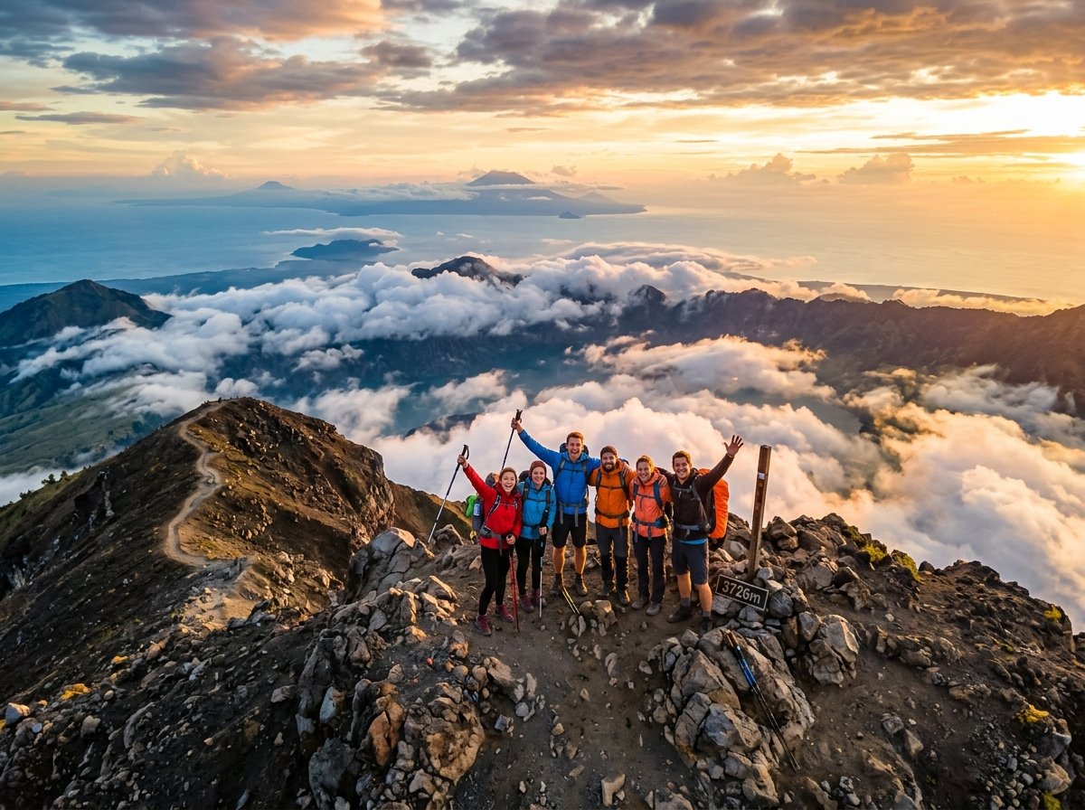 Pendaki di puncak gunung merayakan keberhasilan